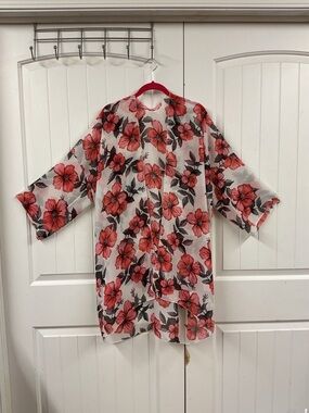 Floral Sheer Kimono Cardigan - Coral & Gray Flowers size Plus